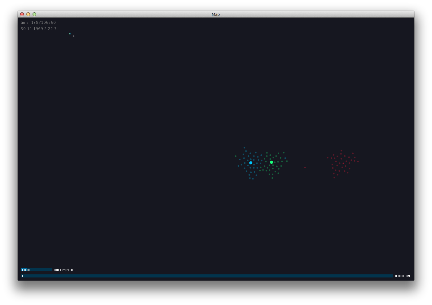 Exploring object usage: Each of the smaller dots represents a registered device. The bigger dots show the current position of a user. Users and their objects share colors.