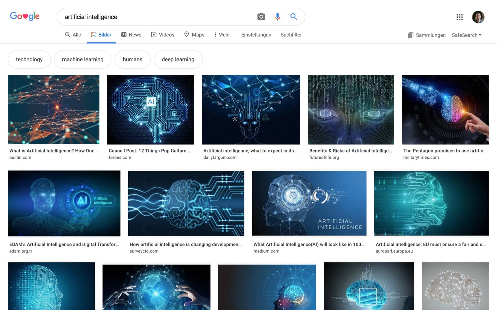 A Google Search for images of artificial intelligence